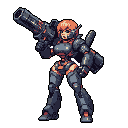 A heavily armored female warrior stands ready for battle, her futuristic cannon aimed and her gaze fixed on the target. The high-contrast color scheme and intricate mechanical details convey a sense of danger and technological power.
