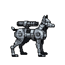 This pixel art showcases a cybernetic Doberman Pinscher, a metallic and futuristic canine with exposed mechanics and a Gatling gun mounted on its back. The alert robot dog, rendered in shades of grey, evokes a sense of ominous power and military readiness.
