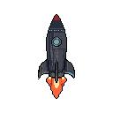 A retro-futuristic, dark gray-blue rocket ship blasts off against a black backdrop, its red nose cone leading the way as vibrant orange and red flames burst from its engines. The pixel art evokes a nostalgic charm, reminiscent of classic space exploration.