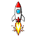 A pixelated rocket blasts off against a stark black background, its red nose cone and fiery exhaust creating a vibrant image of retro-futuristic exploration.