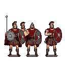 Three pixelated ancient warriors stand ready in a shallow arc, their detailed armor and stoic poses evoking a sense of classical antiquity.  Each figure holds a shield and weapon, their muted color palette lending a historically appropriate feel.