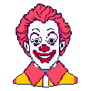 This pixel art portrait captures Ronald McDonald with his signature wide smile and vibrant colors, evoking a nostalgic, arcade-style aesthetic. The iconic clown's cheerful expression and bright palette pop against the stark black background.