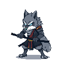 A fierce, battle-ready wolf warrior stands poised with dual katanas, its intense expression hinting at impending action. The pixel art character, rendered in muted grays with red and gold accents, exudes martial prowess and focused aggression.