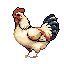 This pixel art image features a detailed hen rendered in naturalistic tones, its red comb and iridescent tail feathers popping against a stark red background. The charmingly retro design evokes a classic video game feel, presenting the chicken in a simple yet iconic style.