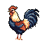 A proud rooster, rendered in a muted, retro-style pixel art, stands confidently against a stark background. The blue-gray, orange-brown, and creamy yellow palette highlights the textured detail of its feathers and serene demeanor.