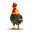 This pixel art features a stoic, rooster-headed humanoid in militaristic green attire. The bizarre figure stands confidently, its red comb and yellow beak contrasting with its imposing posture.