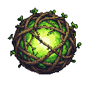 A glowing green energy orb is captured within a tangle of dark branches and vibrant leaves, radiating a mystical aura. The pixel art style evokes a sense of ancient power and contained magic.