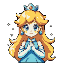 This charming pixel art depicts Princess Peach, smiling warmly with clasped hands, her bright, sparkling eyes creating a friendly and nostalgic vibe. Her regal attire and overall design evoke classic 16-bit video game sprites.