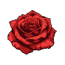 A striking pixel art rose, rendered in rich reds against a stark black backdrop, showcases the flower's intricate petals in a simple yet elegant composition. The close-up view emphasizes the timeless beauty and vibrant color of this single, fully bloomed bloom.