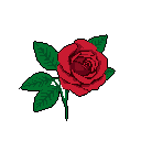 A pixelated red rose in full bloom, with vibrant green leaves, offers a retro yet romantic depiction of a classic symbol. The simple color scheme and blocky style create a charming and recognizable image.