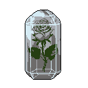 A solitary, greyscale rose is preserved within a hexagonal crystal container, its pixelated form evoking stillness and timelessness. The close-up framing and muted palette emphasize the rose's fragile beauty.