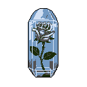 A pixel art rose is preserved within a tall, crystalline prism, creating a still and slightly melancholic image. The muted cool tones emphasize the rose's fragility and timelessness.
