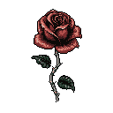A solitary, deeply-colored pixel art rose, depicted in rich reds with subtle highlights, evokes classic elegance and a touch of melancholy. The tightly furled bloom is set against a stark black background, emphasizing its beauty and solitary nature.