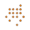 A scattering of bright orange, pixelated pumpkins pops against a stark black backdrop. The minimalist arrangement and simple shapes evoke a stylized, digital autumn or Halloween vibe.
