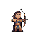 A skilled elf archer, adorned with gold accents and a facial scar, is poised to release an arrow against a stark black background. The detailed pixel art captures the character's focus and readiness for heroic fantasy combat.