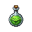 A pixel art image showcases a glowing green potion bottle, its vibrant contents hinting at magical properties. The carefully crafted pixelation gives the bottle a nostalgic, game-asset feel.