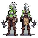 This pixel art showcases a fierce female orc warrior, depicted from both front and back views. She stands ready with her double-headed axe, her vibrant green skin contrasting with earthy armor tones. The detailed design captures her strength and alertness.