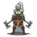 A fierce female orc warrior stands ready for battle, her green skin and white hair contrasting with her earthy armor as she wields two axes against a stark black background. Her determined expression and powerful stance convey strength and intimidation.