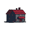 This pixel art showcases a slightly decaying two-story house with a striking red roof, set against a black background. A single, brightly lit window hints at life within the otherwise somber and aged dwelling.