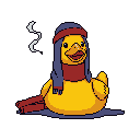 This pixel art features a cheerful, bright yellow duck wearing a winter hat and scarf. With a joyful expression and a wisp of smoke nearby, the cute character exudes warmth and whimsy.