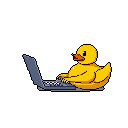 A pixelated yellow duck sits intently at a laptop, its tiny wings poised to type, creating a whimsical and humorous scene. This cute and nerdy avian is all business, focused on the screen in the void.