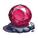 A dazzling, multifaceted ruby is showcased in this pixel art, perched atop a rugged stone base. The gem's rich reds and sparkling highlights contrast against the stark black background, creating an aura of mystique and preciousness.
