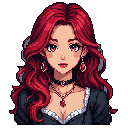This pixel art portrait captures a young woman with striking red hair and ruby jewelry against a stark background. Her direct gaze and subtle expression create an air of sophisticated mystery and classic beauty.