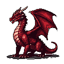 A regal red dragon, rendered in detailed pixel art, sits watchfully with a stern gaze, its powerful presence filling the frame. The rich color palette and retro aesthetic evoke a sense of imposing strength and classic fantasy.