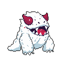A menacing, white-furred quadrupedal beast with glowing red eyes and tongue crouches, ready to pounce. Its sharp purple teeth and small red horns add to the creature's primal and dangerous aura against a black background.