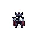 A somber pixel art piece features a dark gray crown with a red gem above the stark white text "RULE," resting on a throne-like structure. The minimalist design and dark palette evoke a feeling of stern authority.