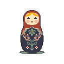 This pixel art features a charming matryoshka doll with a traditional floral dress. Its simple design and muted color palette evoke a sense of nostalgia and simple cuteness.