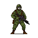 A pixel art soldier stands at attention, clad in full military gear and holding a rifle, conveying a sense of duty and preparedness. The muted green and brown palette enhances the stoic and realistic military aesthetic.
