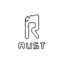 A stark, pixelated white "R" logo with jagged edges looms above the word "RUST" against a black backdrop, creating a bold and industrial aesthetic. The minimalist design evokes themes of decay and resilience.