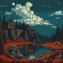 This pixel art depicts a melancholic twilight scene of a river reflecting the night sky, beside a mysterious village nestled among autumn foliage. The image evokes a sense of quiet mystery, with its dark palette and lonely, desolate landscape.