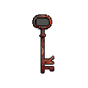 This pixel art features a solitary, heavily rusted skeleton key rendered in earthy reds and browns. The detailed rust texture gives the key a sense of antiquity and mystery.