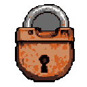 A large, rusty padlock dominates the frame, its aged metal and closed shackle evoking a sense of security and enduring mystery. The pixel art emphasizes decay and antiquity through a muted palette of browns and oranges.