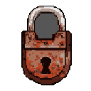 A pixel art image showcases a heavily rusted, old padlock against a black void, evoking a sense of age, disuse, and forgotten security. The lock's textured surface and distinct keyhole hint at a bygone era, creating a slightly ominous mood.