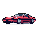 A sleek, red pixel art sports car is showcased in a striking side profile, its vibrant color popping against a stark black background. The image evokes a nostalgic feel, reminiscent of classic 8-bit racing games.