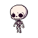 This pixel art features a cute, chibi-style skeleton standing against a stark black void. The limited color palette and simplified design create a unique blend of eerie and whimsical, focusing solely on the adorable yet melancholic skeletal figure.