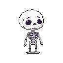 This pixel art features a charming, chibi-style skeleton with blush marks and downturned "brows," creating a surprisingly endearing and slightly melancholic mood. The minimalist design and stark contrast emphasize the character's bashful expression against a black backdrop.