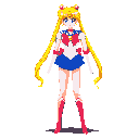 This pixel art captures the iconic Sailor Moon in a cheerful, nostalgic style. Standing confidently against a black background, her vibrant colors and classic design are instantly recognizable.
