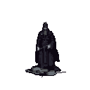 A solitary, cloaked figure with obscured features stands poised with a weapon in this somber pixel art piece. The dark, muted tones and rigid posture create a mysterious and potentially ominous atmosphere.