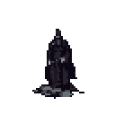 A mysterious, robed figure with a helmet-like mask stands silently in this pixel art image, exuding power and foreboding. The somber color palette and hunched posture hint at weariness, creating a compelling and isolated presence.