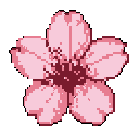 A delicately pixelated cherry blossom, rendered in soft pink hues, blooms against a stark black backdrop. The stylized flower captures a sense of tranquil beauty through its simple, yet layered, design.