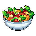 A pixel art image showcases a vibrant and overflowing salad, brimming with lettuce, protein, and colorful vegetables, spilling from a white bowl. The appetizing illustration, set against a black background, exudes freshness and health.
