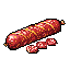 A delicious-looking pixel art salami slice lies diagonally, its red-brown hues and speckles realistically rendered, tempting the viewer.