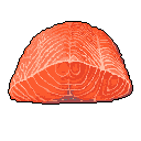 This pixel art image showcases a vibrant raw salmon fillet, rendered in detailed shades of orange, pink, and white. The simple composition focuses entirely on the fresh-looking fish against a stark black background.