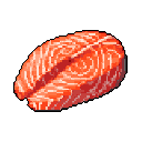 This pixel art showcases a vibrant and detailed raw salmon steak, its pink and orange hues popping against a stark black background. The image captures the texture and marbling of the fish with appetizing realism.