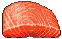 This pixel art image showcases a vibrant, triangular salmon fillet rendered in warm shades of orange and pink. The detailed pixelated texture mimics the fish's muscle fibers, creating a surprisingly realistic and appetizing representation.