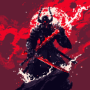 A menacing, dark samurai-like warrior with glowing red eyes and blades stands ready against a vibrant, fiery red celestial body. The pixel art evokes a sense of ominous power and imminent action from this formidable figure.